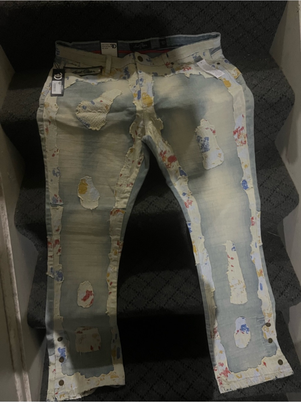 Men Light Wash Distressed Patchwork Jeans - Multicolor Accents